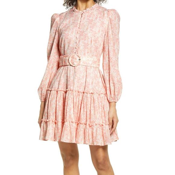Rachel Parcell Tiered Long Sleeve Fit & Flare Minidress Pink Clustered Floral - Picture 1 of 12